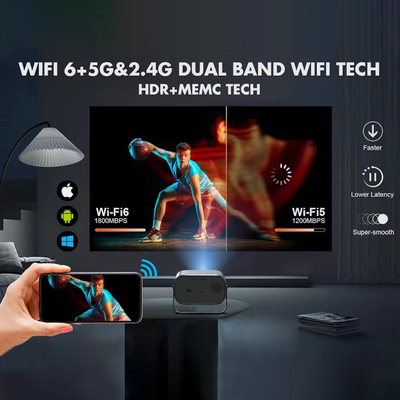 BT 5.0 Proyector portátil Bluetooth Mini con ajuste de ángulo múltiple Corrección de piedra angular y chip de pantalla de fuente de luz LED
